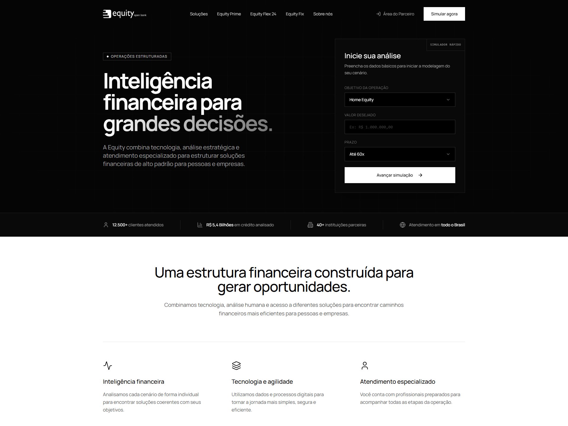 Página inicial do site da Equity OpenBanking