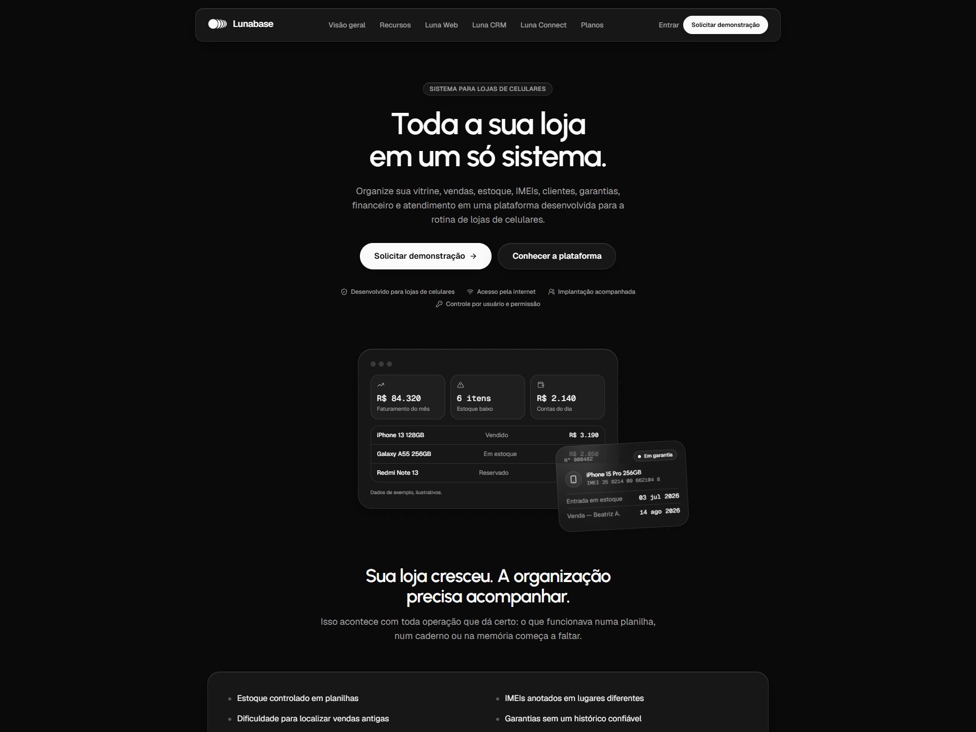 Página inicial da plataforma Lunabase